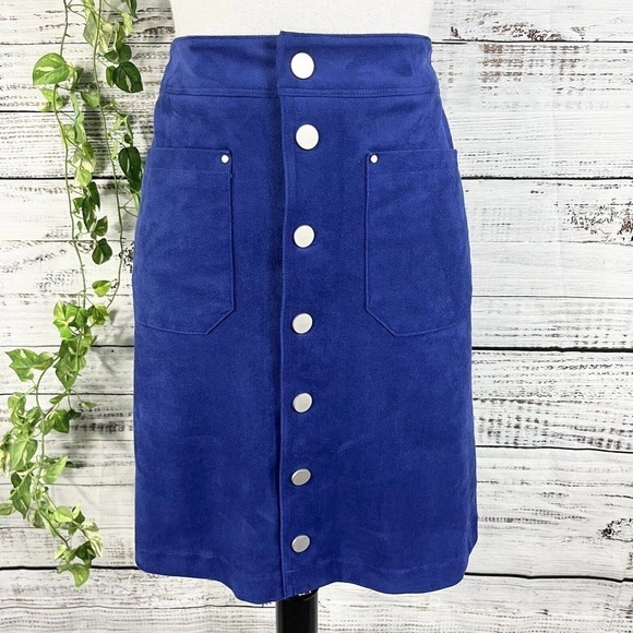 INC International Concepts Skirt Royal Blue Faux Suede Snap Front Pockets Boho - Picture 1 of 10